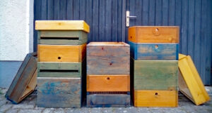 Bienenbeuten mit Wetterschutz lackiert
